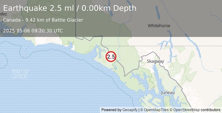 Earthquake 70 km E of Yakutat, Alaska (2.5 ml) (2025-05-06 09:20:30 UTC)