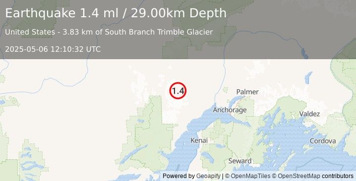 Earthquake 58 km SW of Skwentna, Alaska (1.4 ml) (2025-05-06 12:10:32 UTC)