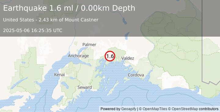 Earthquake 63 km NW of Tatitlek, Alaska (1.6 ml) (2025-05-06 16:25:35 UTC)