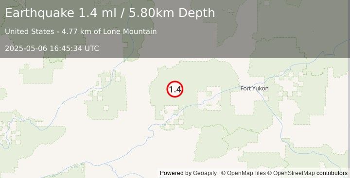 Earthquake 61 km N of Stevens Village, Alaska (1.4 ml) (2025-05-06 16:45:34 UTC)