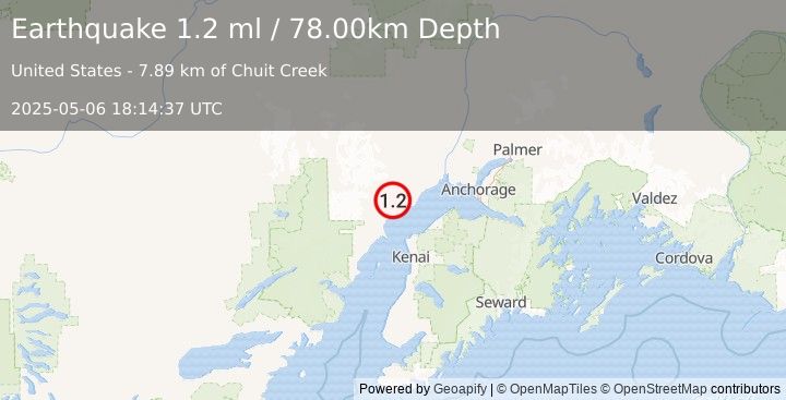 Earthquake 26 km W of Tyonek, Alaska (1.2 ml) (2025-05-06 18:14:37 UTC)