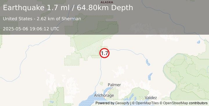 Earthquake 33 km NNE of Chase, Alaska (1.7 ml) (2025-05-06 19:06:12 UTC)