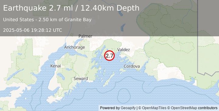 Earthquake 37 km W of Tatitlek, Alaska (2.7 ml) (2025-05-06 19:28:12 UTC)