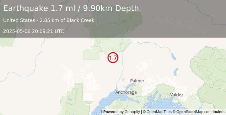 Earthquake 15 km S of Petersville, Alaska (1.7 ml) (2025-05-06 20:09:21 UTC)