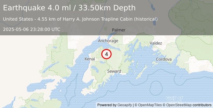 Earthquake 28 km SW of Hope, Alaska (3.8 ml) (2025-05-06 23:28:01 UTC)