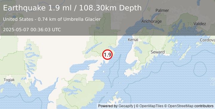 Earthquake 59 km ENE of Pedro Bay, Alaska (1.9 ml) (2025-05-07 00:36:03 UTC)