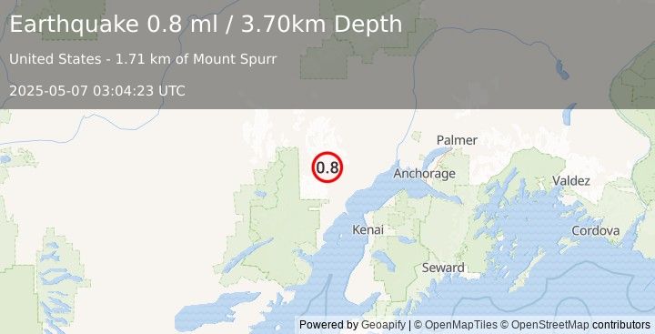 Earthquake 63 km WNW of Tyonek, Alaska (0.8 ml) (2025-05-07 03:04:23 UTC)