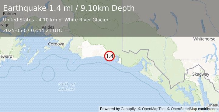 Earthquake 137 km WNW of Yakutat, Alaska (1.4 ml) (2025-05-07 03:44:21 UTC)