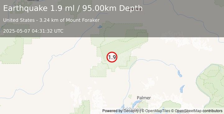 Earthquake 57 km NNW of Petersville, Alaska (1.9 ml) (2025-05-07 04:31:32 UTC)