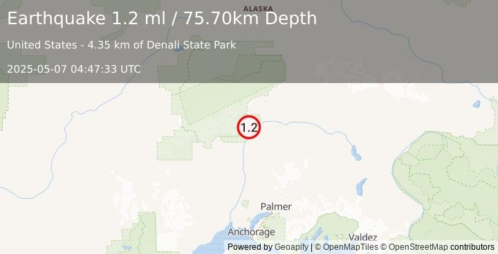 Earthquake 36 km N of Chase, Alaska (1.2 ml) (2025-05-07 04:47:33 UTC)