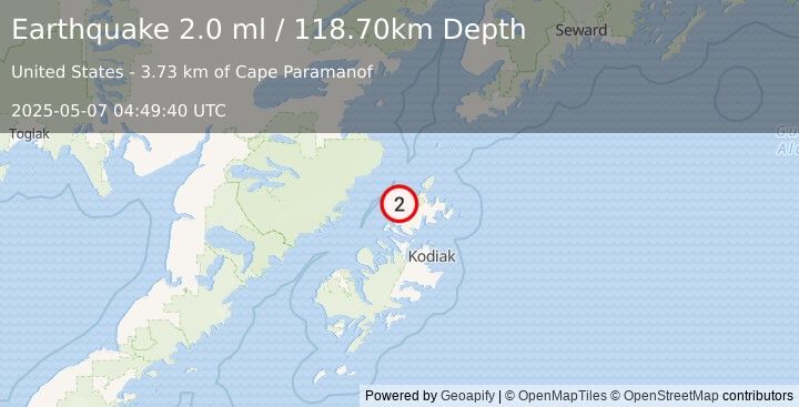 Earthquake 32 km NNW of Aleneva, Alaska (2.0 ml) (2025-05-07 04:49:40 UTC)