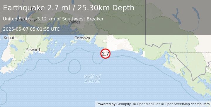 Earthquake 116 km SE of Cordova, Alaska (2.7 ml) (2025-05-07 05:01:55 UTC)
