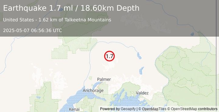 Earthquake 64 km ENE of Susitna North, Alaska (1.7 ml) (2025-05-07 06:56:36 UTC)