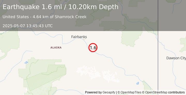 Earthquake 8 km NNE of Harding-Birch Lakes, Alaska (1.6 ml) (2025-05-07 13:45:43 UTC)