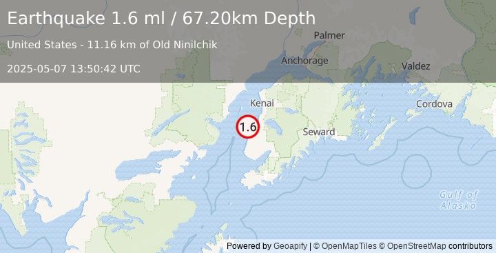 Earthquake 14 km N of Ninilchik, Alaska (1.6 ml) (2025-05-07 13:50:42 UTC)