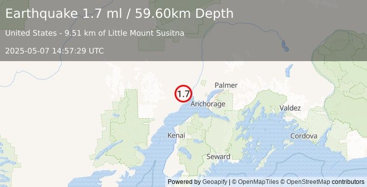 Earthquake 26 km WSW of Susitna, Alaska (1.7 ml) (2025-05-07 14:57:29 UTC)