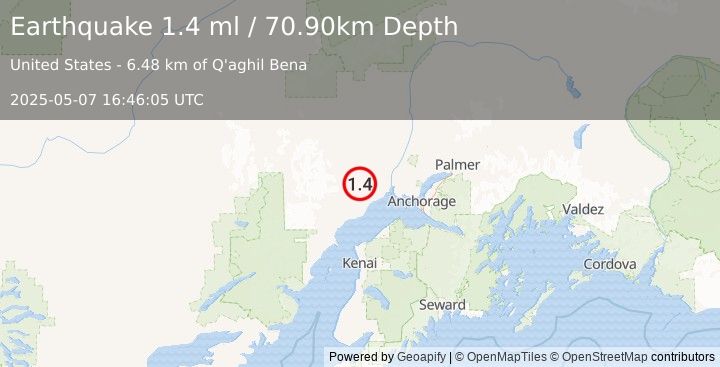 Earthquake 30 km NNW of Beluga, Alaska (1.4 ml) (2025-05-07 16:46:05 UTC)