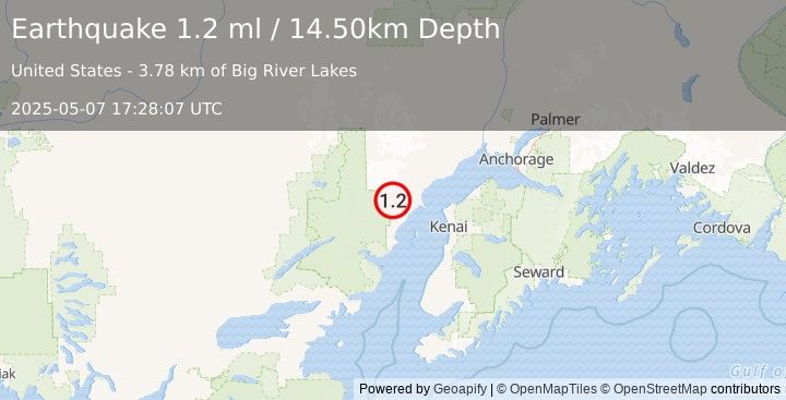 Earthquake 60 km WNW of Nikiski, Alaska (1.2 ml) (2025-05-07 17:28:07 UTC)
