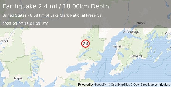 Earthquake 54 km N of Port Alsworth, Alaska (2.4 ml) (2025-05-07 18:01:03 UTC)
