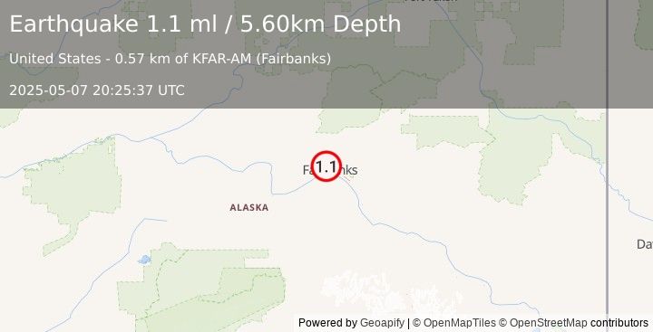 Earthquake 1 km N of College, Alaska (1.1 ml) (2025-05-07 20:25:37 UTC)