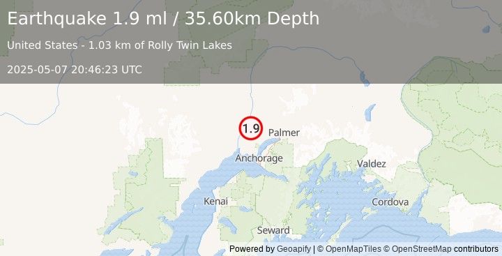 Earthquake 10 km SSW of Willow, Alaska (1.9 ml) (2025-05-07 20:46:23 UTC)