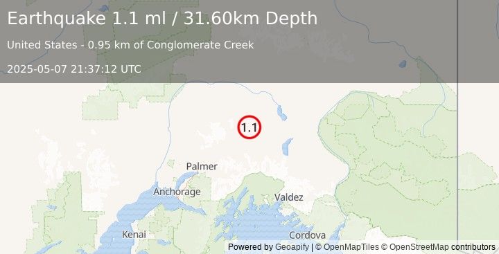 Earthquake 35 km NW of Eureka Roadhouse, Alaska (1.1 ml) (2025-05-07 21:37:12 UTC)