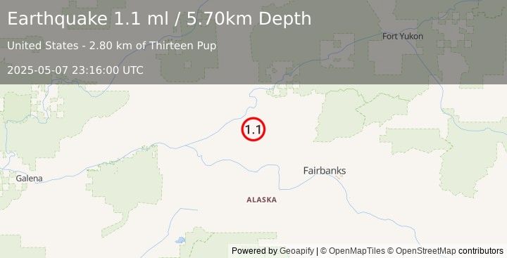 Earthquake 17 km SE of Rampart, Alaska (1.1 ml) (2025-05-07 23:16:00 UTC)
