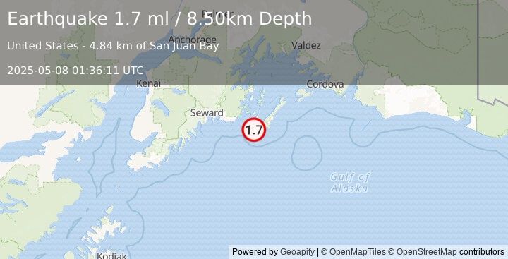 Earthquake 25 km S of Chenega, Alaska (1.7 ml) (2025-05-08 01:36:11 UTC)