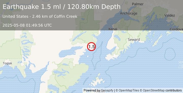 Earthquake 56 km E of Pedro Bay, Alaska (1.5 ml) (2025-05-08 01:49:56 UTC)