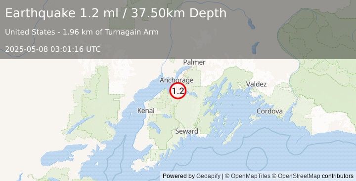 Earthquake 12 km NW of Hope, Alaska (1.2 ml) (2025-05-08 03:01:16 UTC)