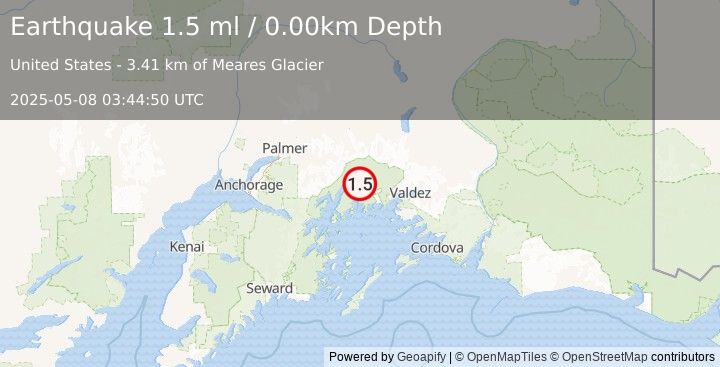 Earthquake 58 km NW of Tatitlek, Alaska (1.5 ml) (2025-05-08 03:44:50 UTC)