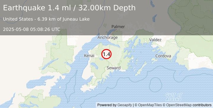Earthquake 15 km NNW of Cooper Landing, Alaska (1.4 ml) (2025-05-08 05:08:26 UTC)