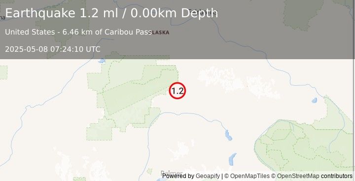 Earthquake 11 km SSE of Cantwell, Alaska (1.2 ml) (2025-05-08 07:24:10 UTC)