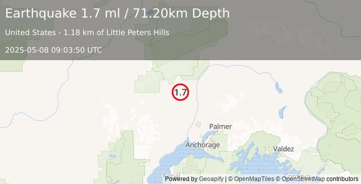 Earthquake 21 km SSW of Petersville, Alaska (1.7 ml) (2025-05-08 09:03:50 UTC)