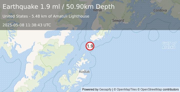 Earthquake 43 km S of Port Graham, Alaska (1.9 ml) (2025-05-08 11:38:43 UTC)