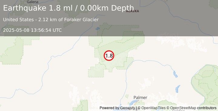 Earthquake 61 km SSE of Denali National Park, Alaska (1.8 ml) (2025-05-08 13:56:54 UTC)