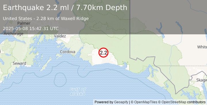 Earthquake 103 km S of McCarthy, Alaska (2.2 ml) (2025-05-08 15:42:31 UTC)