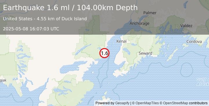 Earthquake 48 km WNW of Happy Valley, Alaska (1.6 ml) (2025-05-08 16:07:03 UTC)