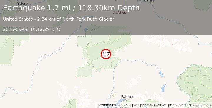 Earthquake 63 km N of Petersville, Alaska (1.7 ml) (2025-05-08 16:12:29 UTC)