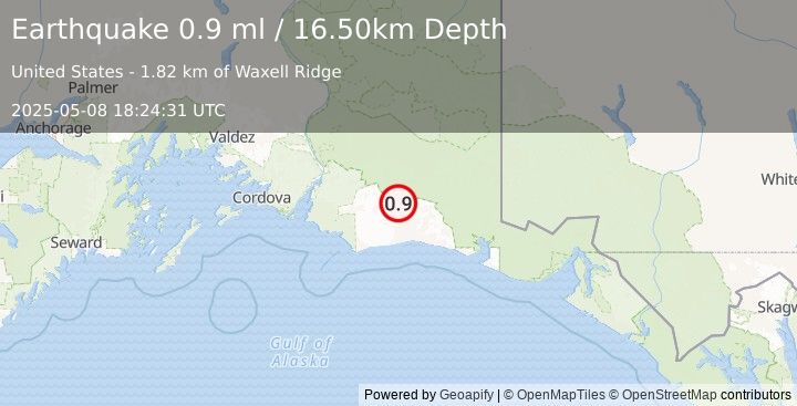 Earthquake 105 km S of McCarthy, Alaska (0.9 ml) (2025-05-08 18:24:31 UTC)