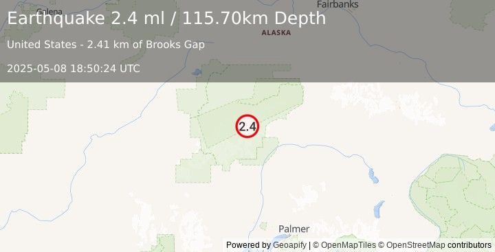 Earthquake 70 km N of Petersville, Alaska (2.4 ml) (2025-05-08 18:50:24 UTC)