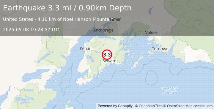 Earthquake 15 km W of Primrose, Alaska (3.3 ml) (2025-05-08 19:28:57 UTC)