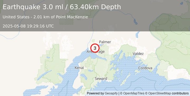 Earthquake 2 km ESE of Point MacKenzie, Alaska (3.0 ml) (2025-05-08 19:29:16 UTC)