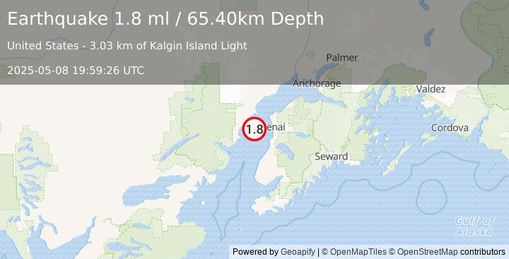Earthquake 30 km WSW of Salamatof, Alaska (1.8 ml) (2025-05-08 19:59:26 UTC)