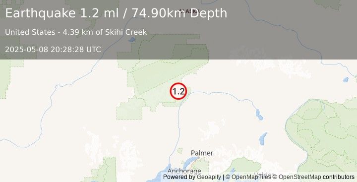 Earthquake 47 km N of Chase, Alaska (1.2 ml) (2025-05-08 20:28:28 UTC)