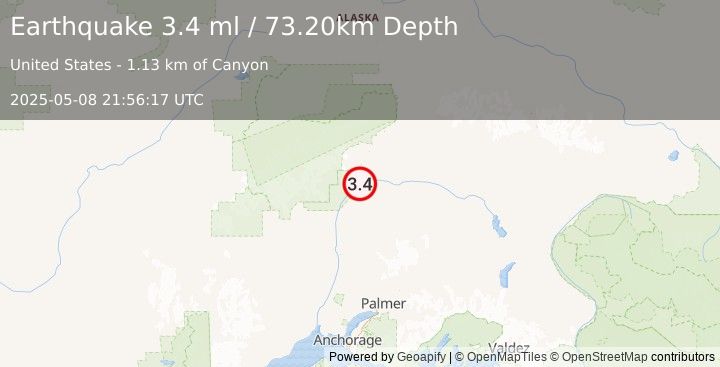 Earthquake 48 km NNE of Chase, Alaska (3.4 ml) (2025-05-08 21:56:17 UTC)