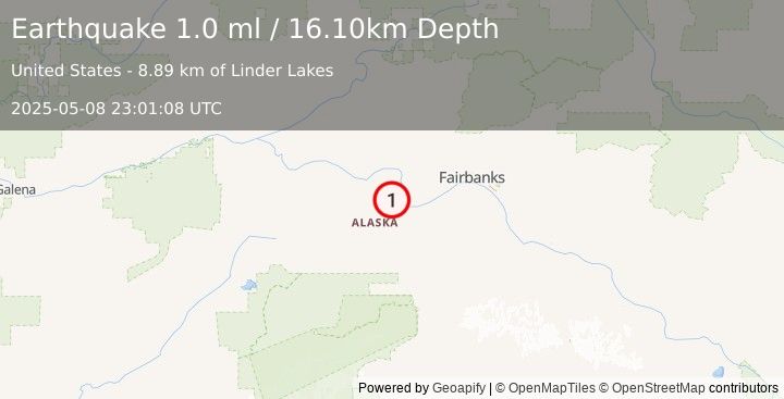 Earthquake 10 km WNW of Four Mile Road, Alaska (1.0 ml) (2025-05-08 23:01:08 UTC)