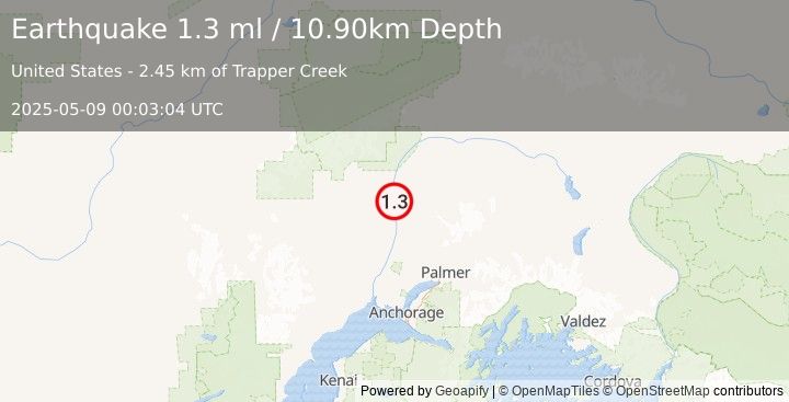 Earthquake 6 km SSW of Talkeetna, Alaska (1.3 ml) (2025-05-09 00:03:04 UTC)