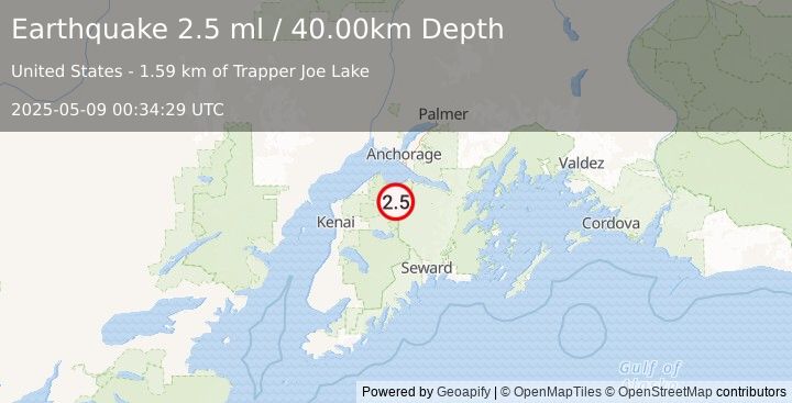 Earthquake 29 km SW of Hope, Alaska (2.5 ml) (2025-05-09 00:34:29 UTC)