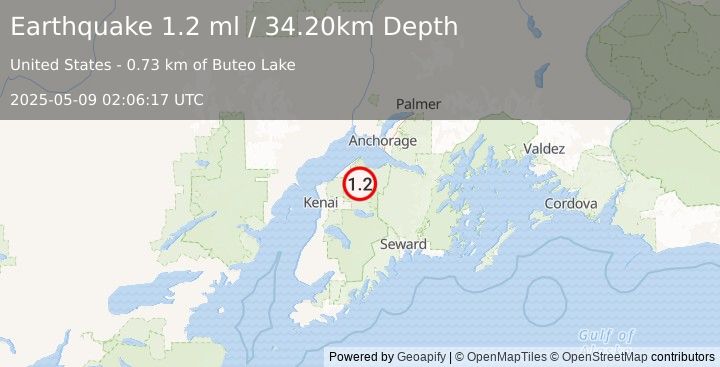 Earthquake 24 km SE of Point Possession, Alaska (1.2 ml) (2025-05-09 02:06:17 UTC)